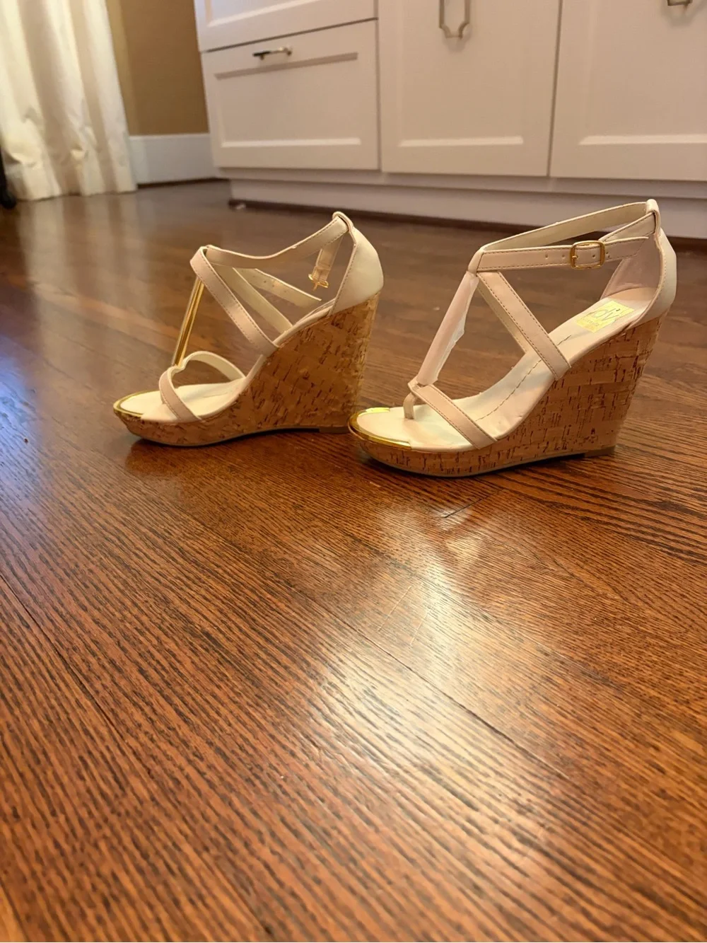 DV by Dolce Vita Nude T-Strap Cork Wedge Sandals with Gold Accents